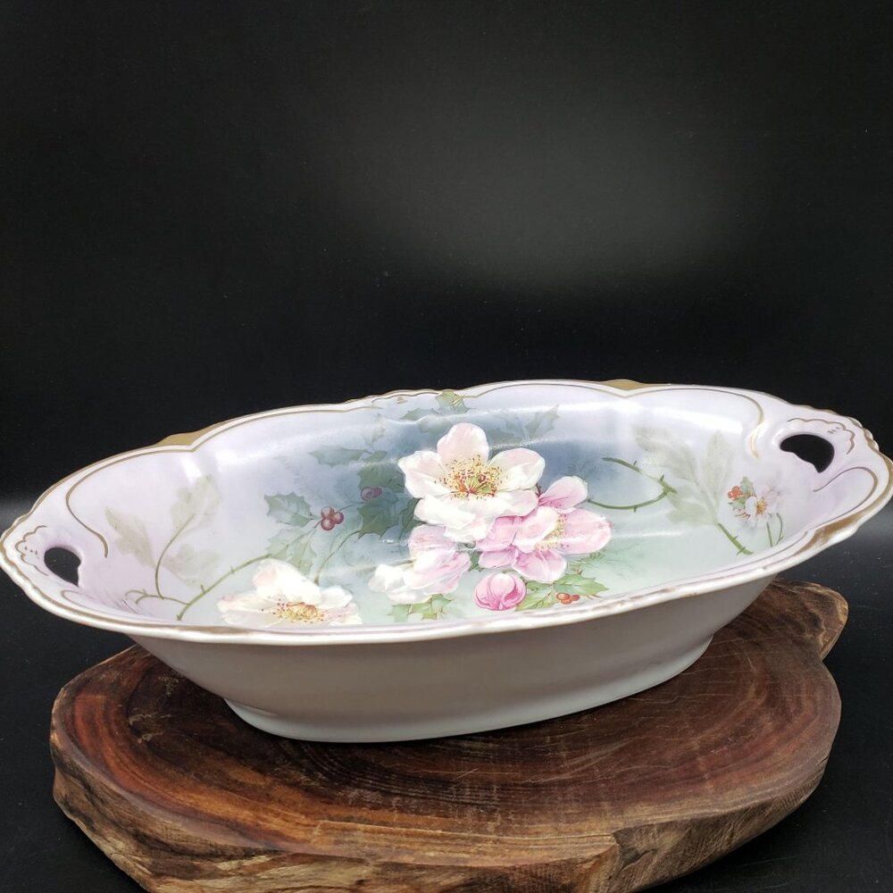 Vintage Hand Painted Floral Oval Serving Bowl with Handles 13 x 8